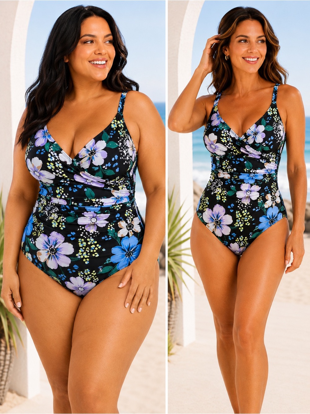 Jantzen One Piece Tummy Control Full Bottom Surplice Floral Black Blue Size 8 16